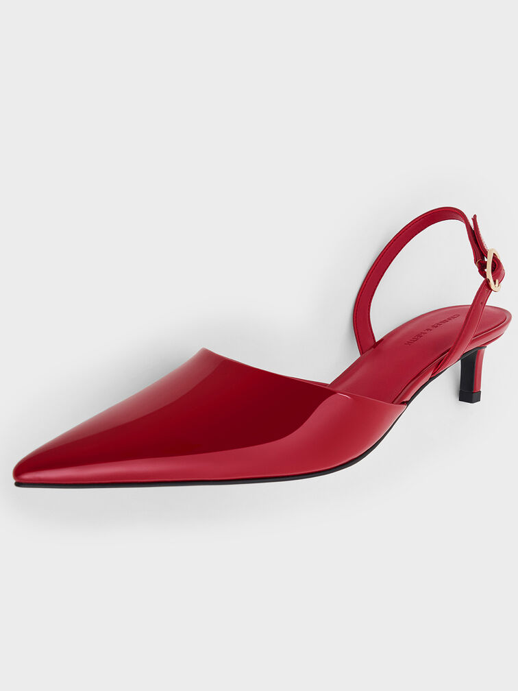 Patent Pointed-Toe Slingback Kitten Heels, Red, hi-res