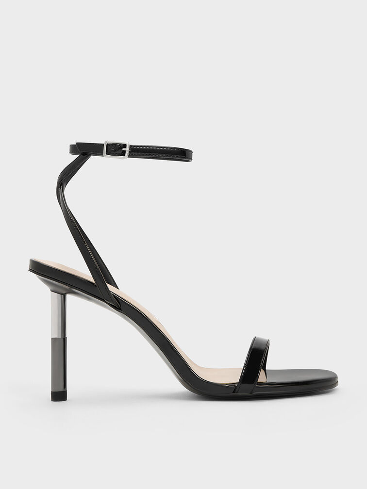 Cylindrical Metallic Heel Patent Sandals, Black Patent, hi-res