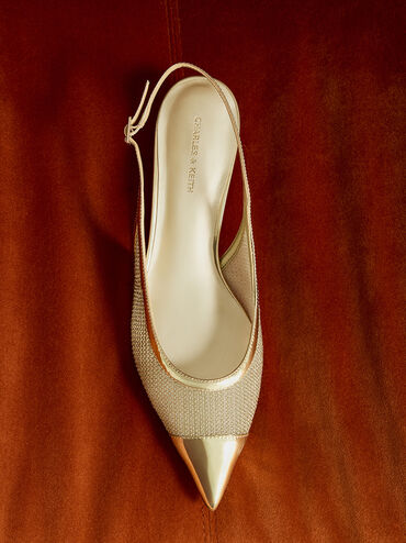 Mesh Metallic Cap-Toe Kitten-Heel Pumps, Gold, hi-res
