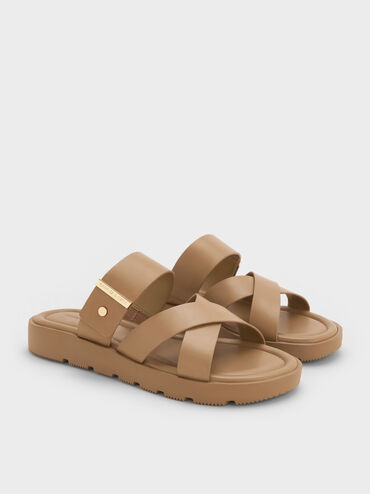 Metallic-Accent Crossover-Strap Slide Sandals, Taupe, hi-res