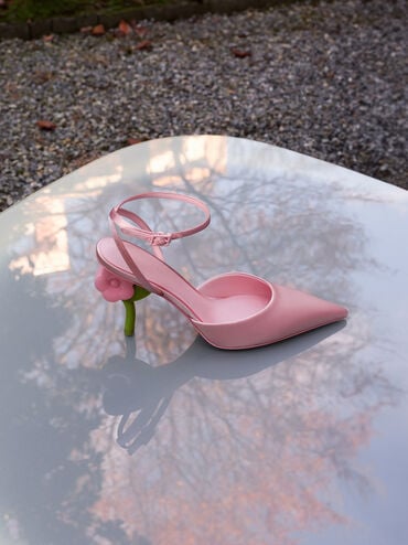 Pointed Flower-Heel Ankle-Strap Pumps, Pink, hi-res