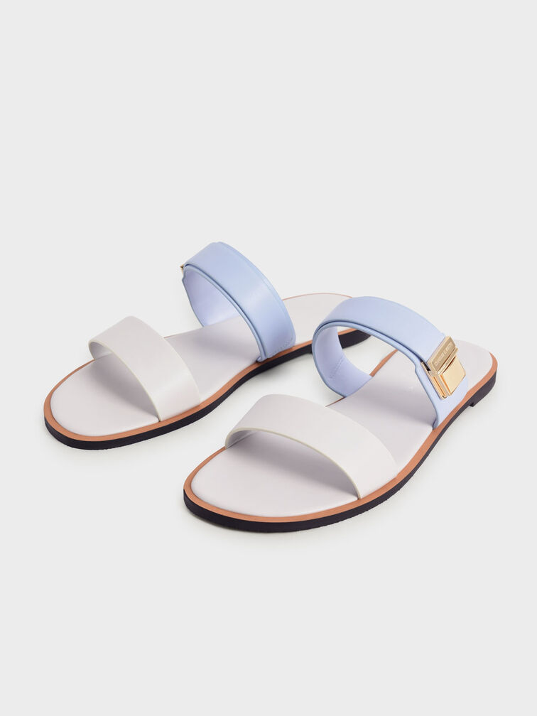Metallic Buckle Slide Sandals, สีฟ้าอ่อน, hi-res