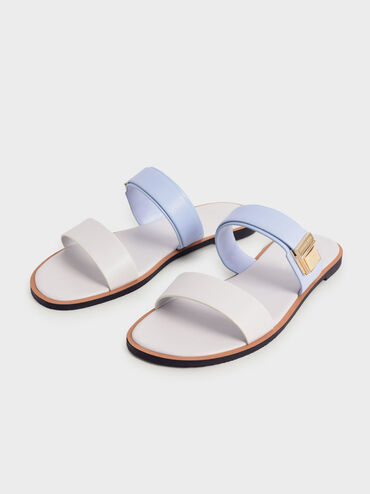 Metallic Buckle Slide Sandals, สีฟ้าอ่อน, hi-res