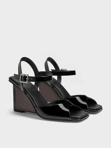 Patent Translucent-Heel Ankle-Strap Wedges, Black Patent, hi-res