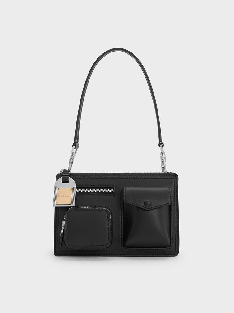 Austen Multi-Pocket Shoulder Bag, สีดำอะไหล่สีเงิน, hi-res