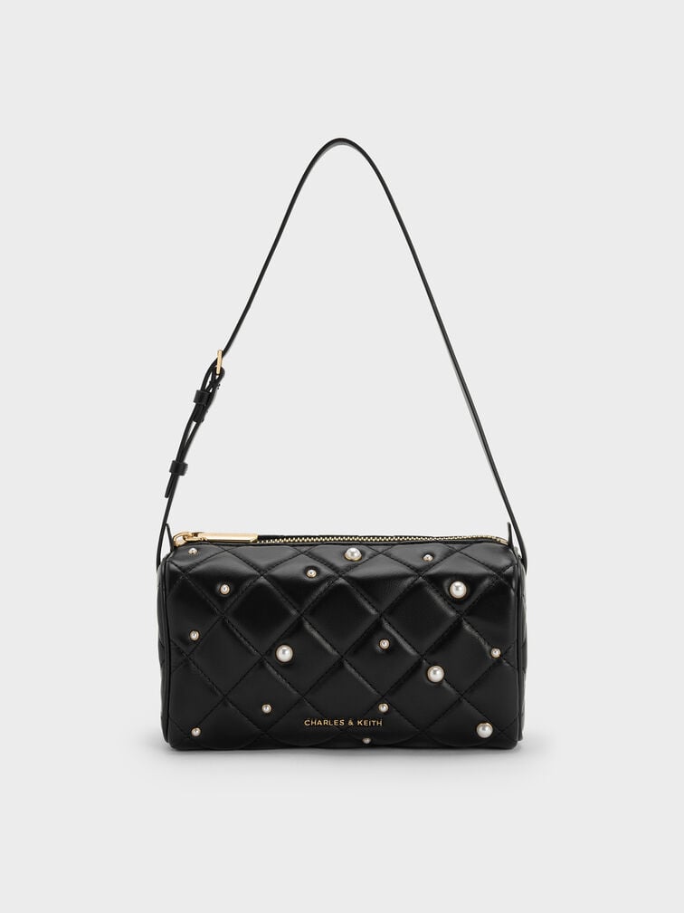 Janie Quilted Pearl Shoulder Bag, Black, hi-res