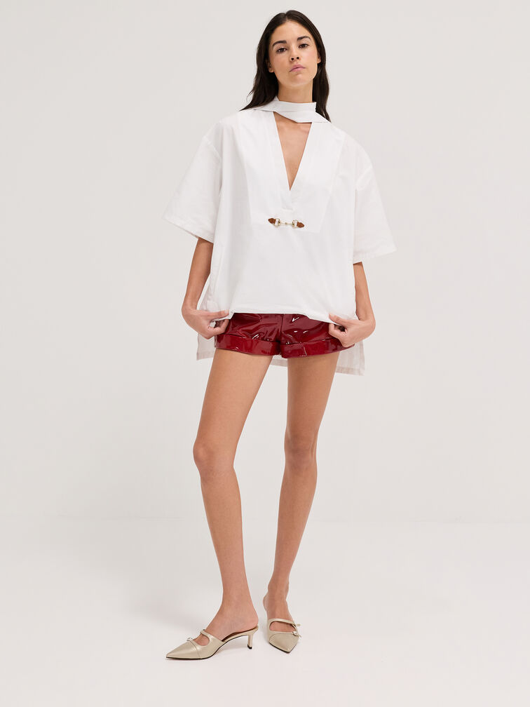 Pearlescent Leather Gem-Buckle Pointed-Toe Heeled Mules, Ivory, hi-res
