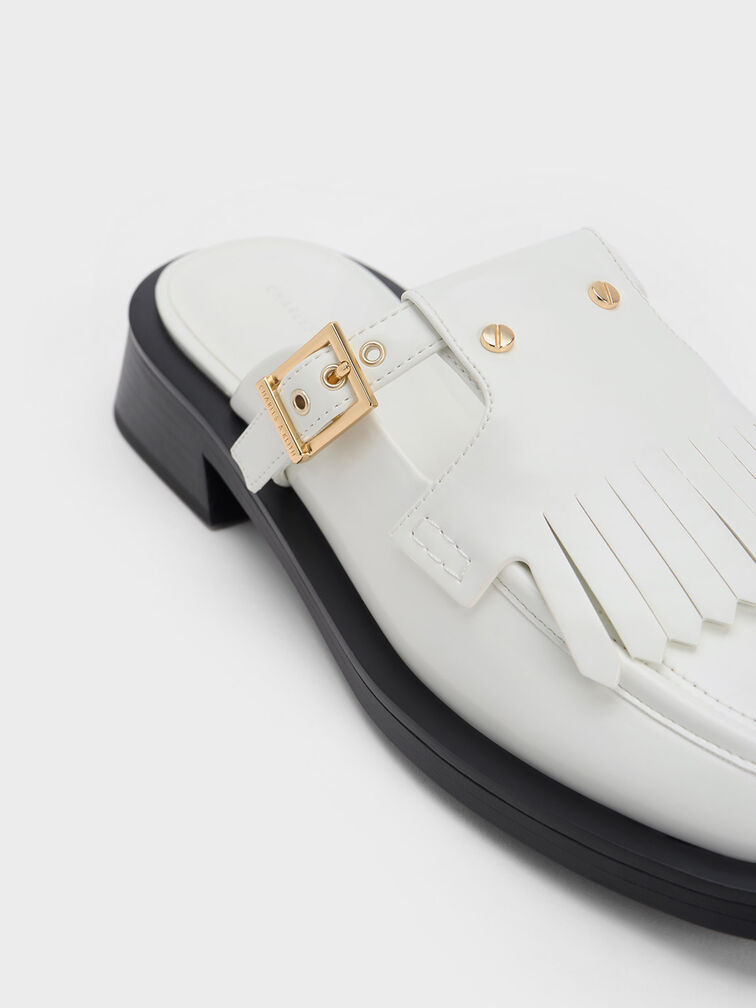 Studded Cut-Out Fringe Mules, White, hi-res