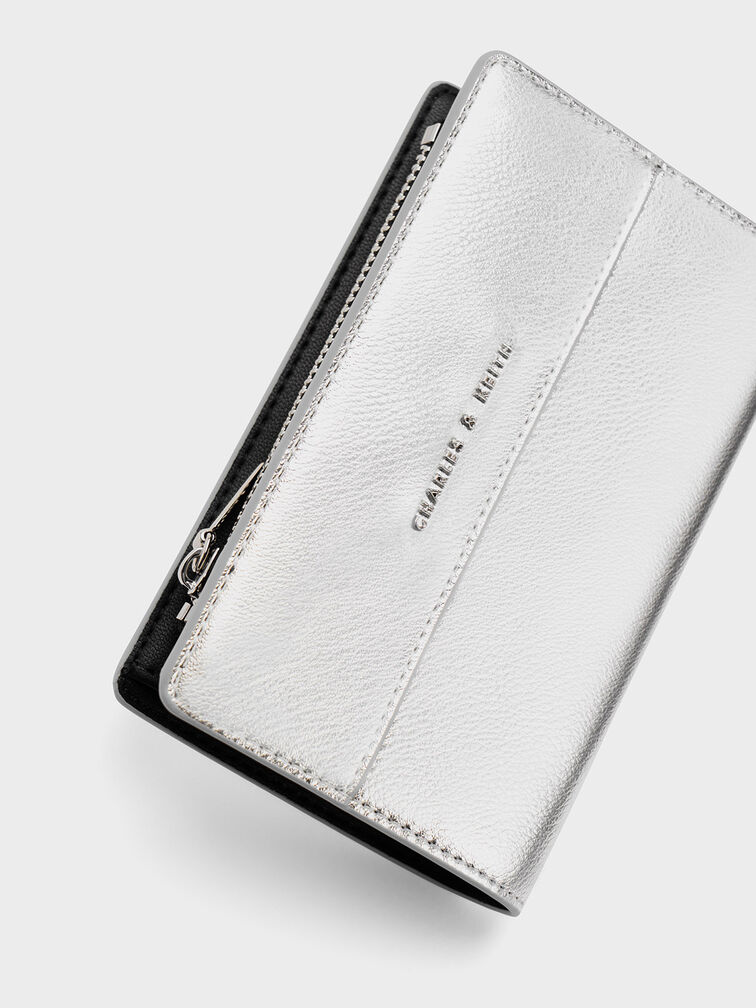 Cadence Metallic Top-Zip Wallet, Silver, hi-res