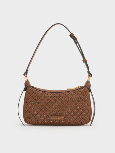 กระเป๋าสะพายไหล่ดีเทลงานสานขนาดมินิรุ่น Calla, สีช็อคโกแลต, hi-res