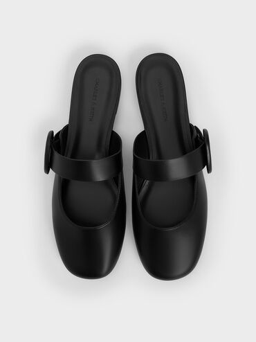 Oval-Buckle Flat Mules, สีดำ, hi-res