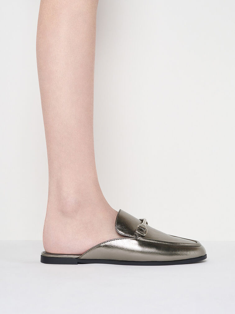 Leslie Metallic Mules, Pewter, hi-res