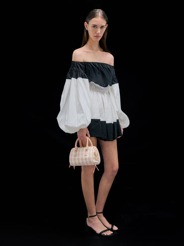 กระเป๋าโบว์ลิ่งลายตารางรุ่น Everleigh, สีชมพูอ่อน, hi-res