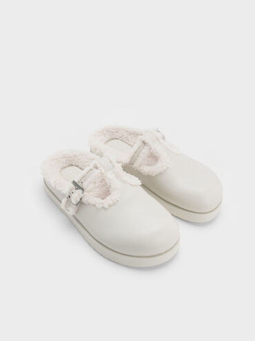 Fur-Trim Buckled Mules, สีชอล์ค, hi-res