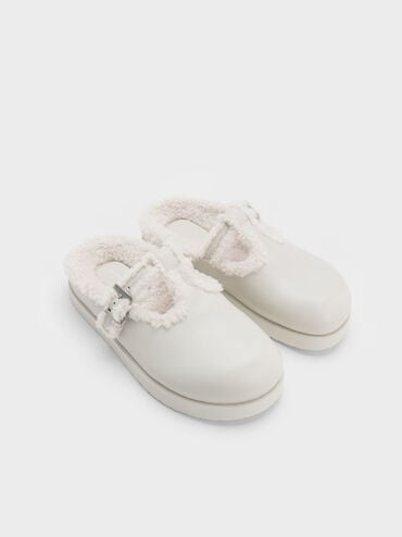 Fur-Trim Buckled Mules, สีชอล์ค, hi-res