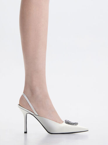 Recycled Polyester Beaded Circle Slingback Pumps, สีเงิน, hi-res