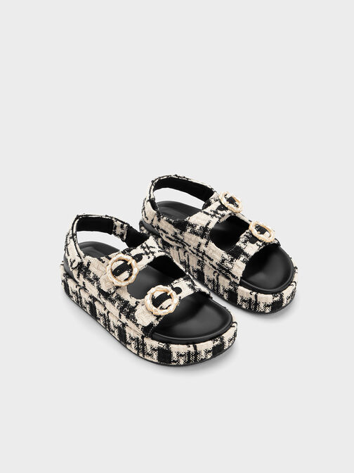Tweed Pearl-Buckle Double Strap Sandals, สีแบล็คเท็กซ์เจอร์, hi-res