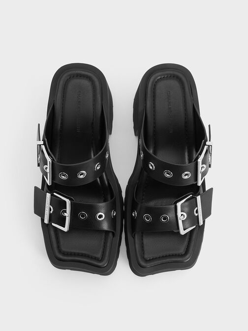 รองเท้าเปิดส้นเสริมแพลตฟอร์มสายคาดเท้าแบบคู่ตกแต่งด้วยหมุดโลหะรุ่น Trill, สีดำ, hi-res