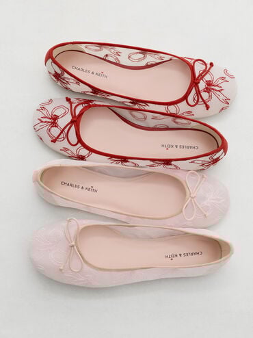 Embroidered-Mesh Bow Ballet Flats, Light Pink, hi-res