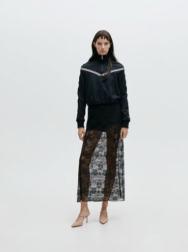 รองเท้าเปิดส้นดีไซน์ลูกไม้และผ้าซาติน, สีนู้ด, hi-res