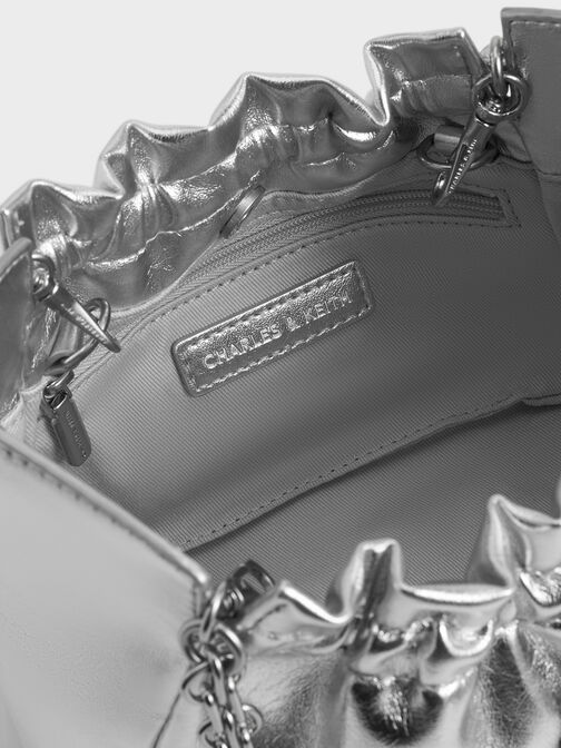 Brigette Ruched Glittered Chain-Handle Shoulder Bag, Silver, hi-res