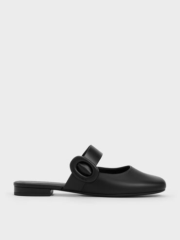 Oval-Buckle Flat Mules, สีดำ, hi-res