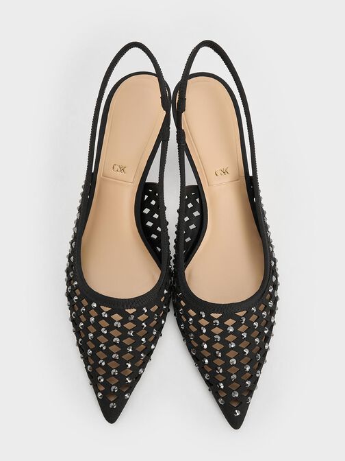 Studded Cut-Out Kitten-Heel Slingback Pumps, Black, hi-res