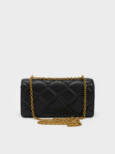 Paffuto Chain Handle Quilted Long Wallet, Black, hi-res