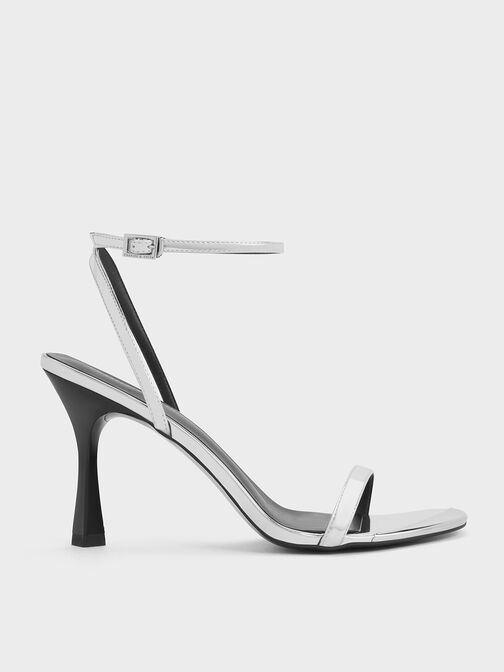 Metallic Cap Ankle-Strap Heeled Sandals, สีเงิน, hi-res