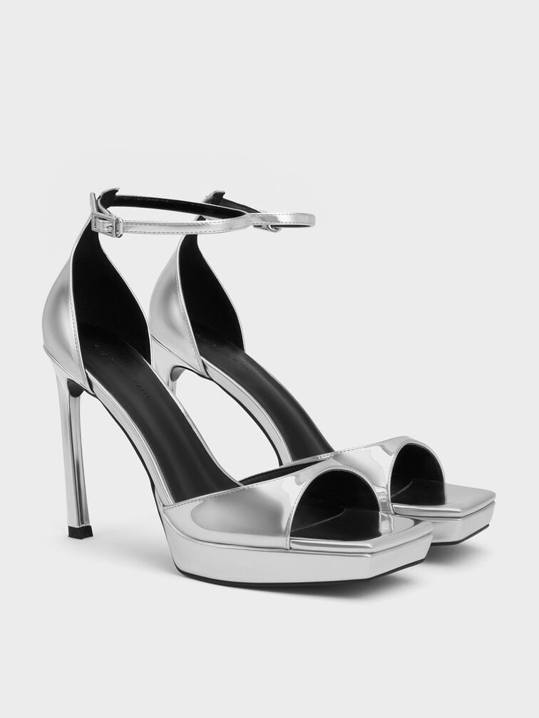 Metallic Platform Heeled Sandals, Silver, hi-res