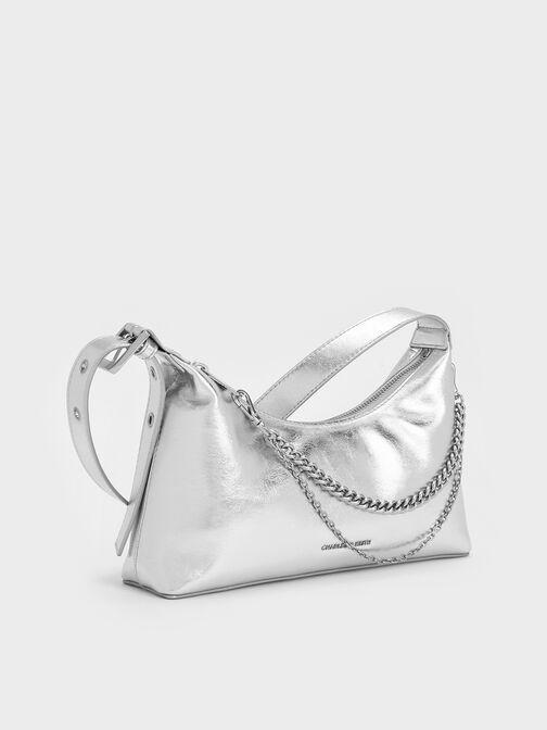 Atwood Crinkle-Effect Chain-Embellished Hobo Bag, Silver, hi-res