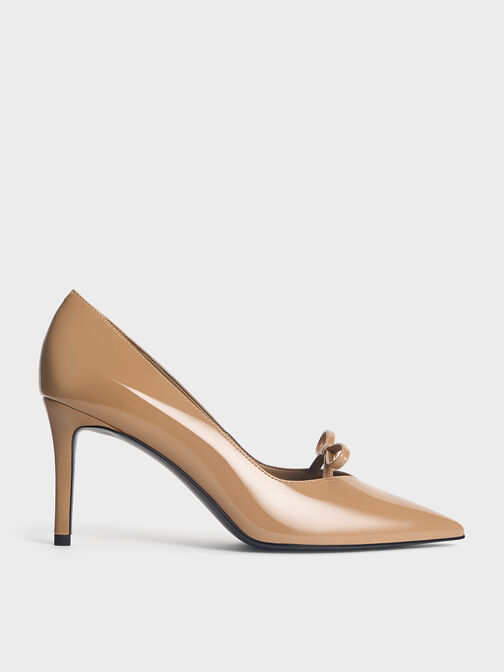 Patent Bow Pointed-Toe Stiletto-Heel Pumps, Caramel, hi-res