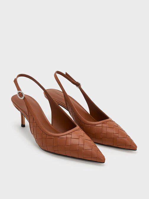 Woven Pointed-Toe Slingback Pumps, Brown, hi-res