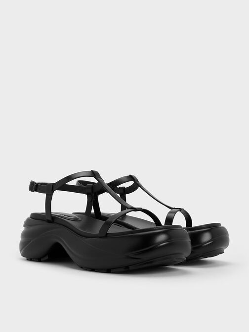 T-Bar Curved Platform Sports Sandals, Black, hi-res