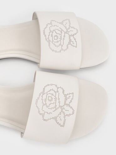 Perforated-Rose Motif Slide Sandals, Chalk, hi-res