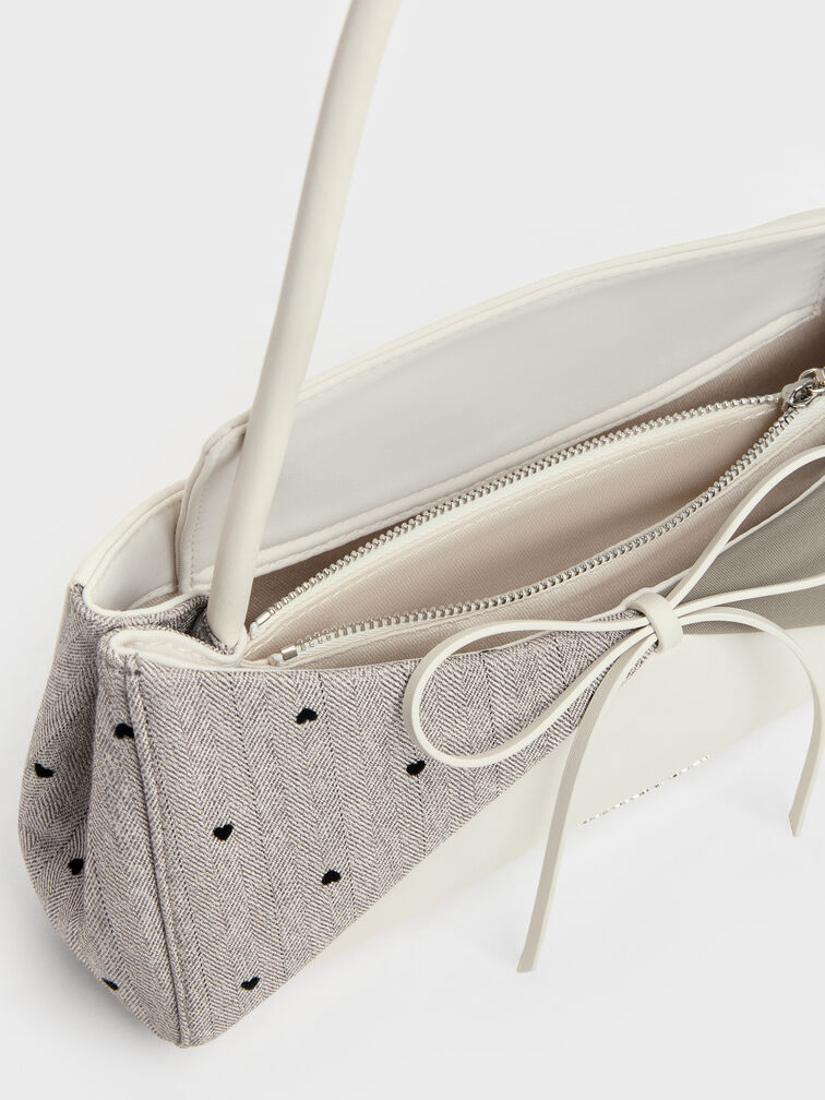 Hazel Heart-Print Bow Panelled Shoulder Bag, Taupe, hi-res