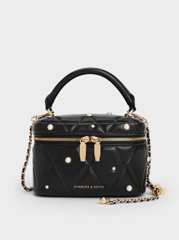 กระเป๋าทรงลูกบาศก์ลายควิลท์ประดับมุกพร้อมหูจับด้านบนรุ่น Arwen, สีดำ, hi-res