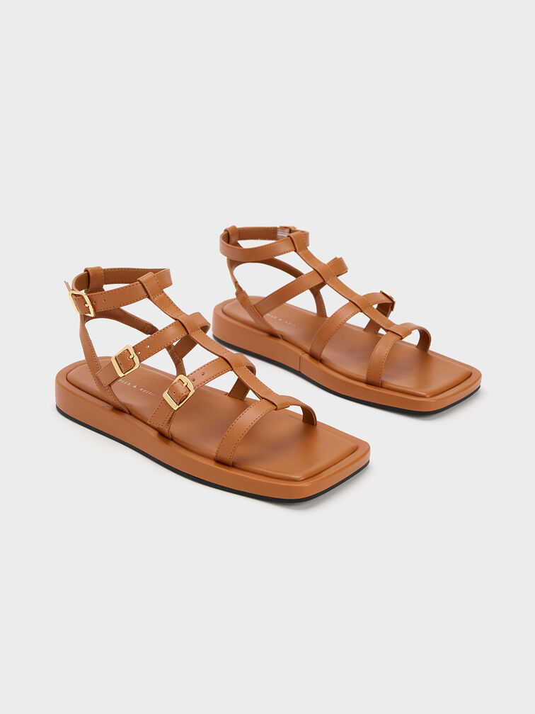 Buckled Gladiator Sandals, Cognac, hi-res