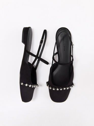 Faux Suede Crystal Slingback Flats, Black Textured, hi-res