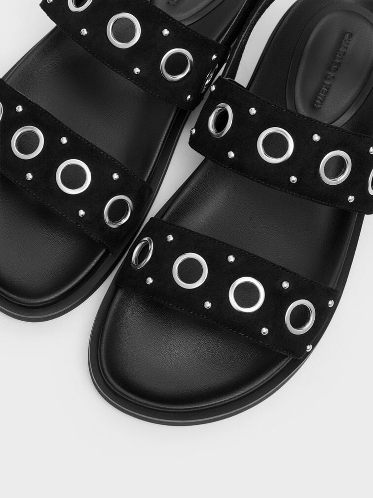 รองเท้าแตะรัดส้นหนังกลับสังเคราะห์ประดับห่วงโลหะ, สีแบล็คเท็กซ์เจอร์, hi-res