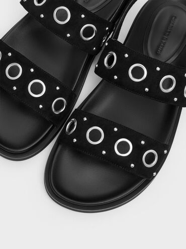 รองเท้าแตะรัดส้นหนังกลับสังเคราะห์ประดับห่วงโลหะ, สีแบล็คเท็กซ์เจอร์, hi-res