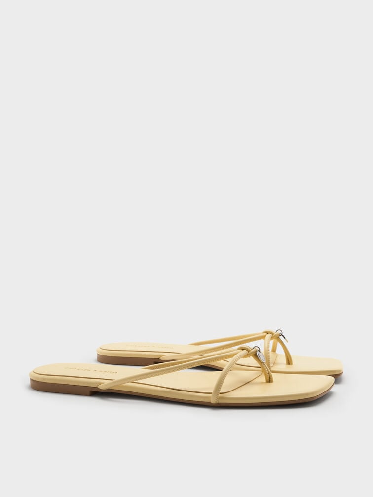 Metallic-Charm Strappy Thong Sandals, Yellow, hi-res