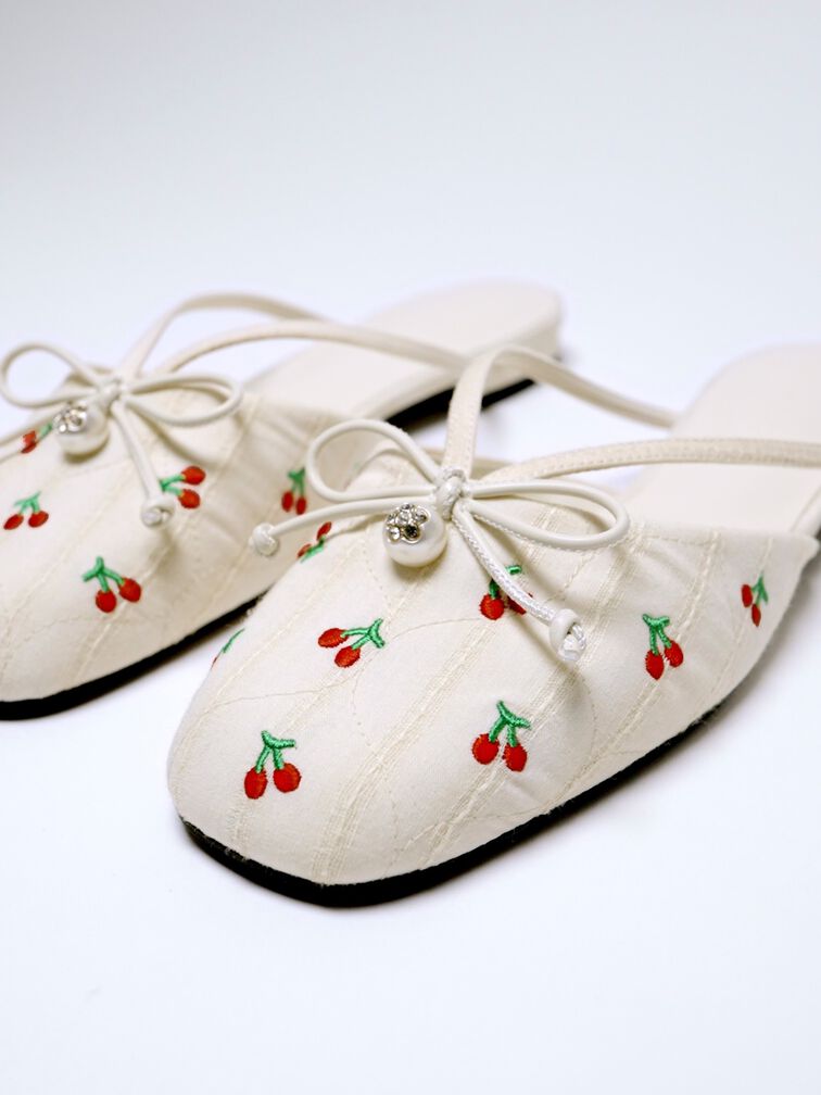 Cherry-Print Pearl-Accent Bow Flat Mules, Multi, hi-res