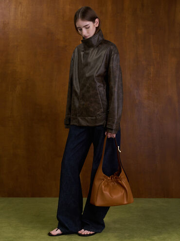 Brigette Ruched Shoulder Bag, Brown, hi-res