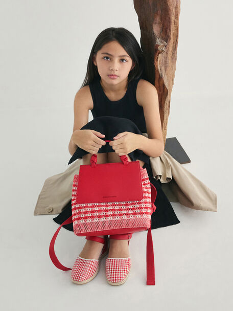 กระเป๋าเป้แบบถักลายตารางรุ่น Ida, สีกิงแฮมเรด, hi-res