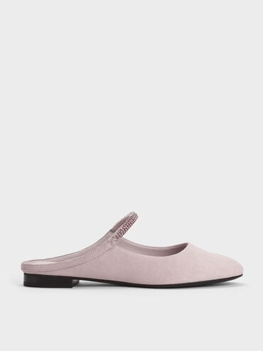 Faux Suede Crystal-Embellished Mary Jane Mules, Light Pink, hi-res