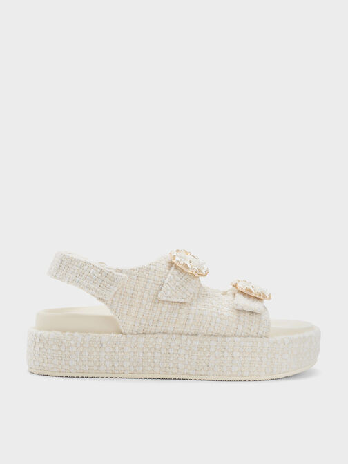 Tweed Pearl-Buckle Double Strap Sandals, สีชอล์ค, hi-res