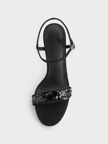 Sequinned Ankle-Strap Stiletto Sandals, Black Textured, hi-res