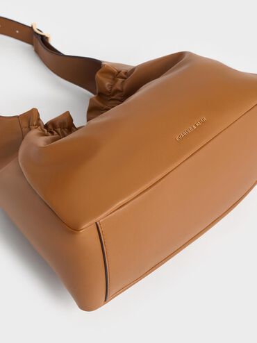Brigette Ruched Shoulder Bag, Brown, hi-res