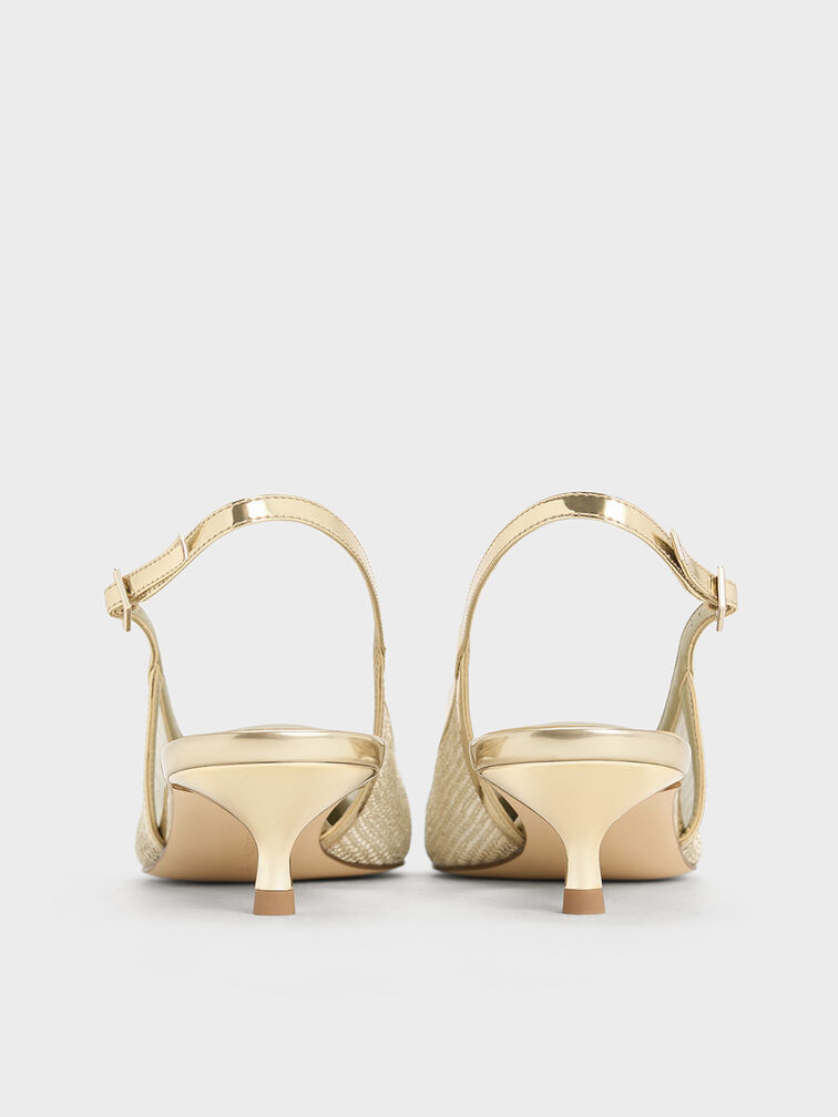 Mesh Metallic Cap-Toe Kitten-Heel Pumps, Gold, hi-res